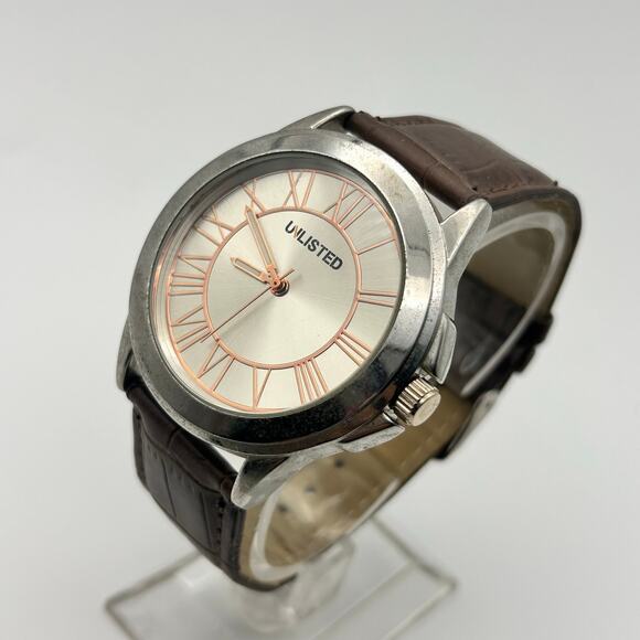 UNLISTED UL1295 Silver Tone Brown Leather 42mm Men’s Watch Working - Picture 3 of 8